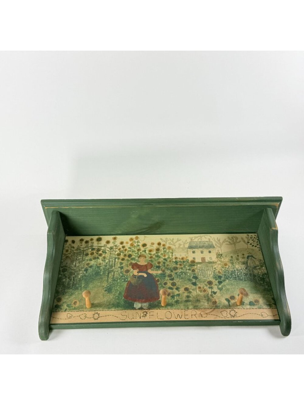 Rustic Wooden Sunflower Wall Shelf 3 Peg Green Farmhouse Wall Decor 24” X 12”